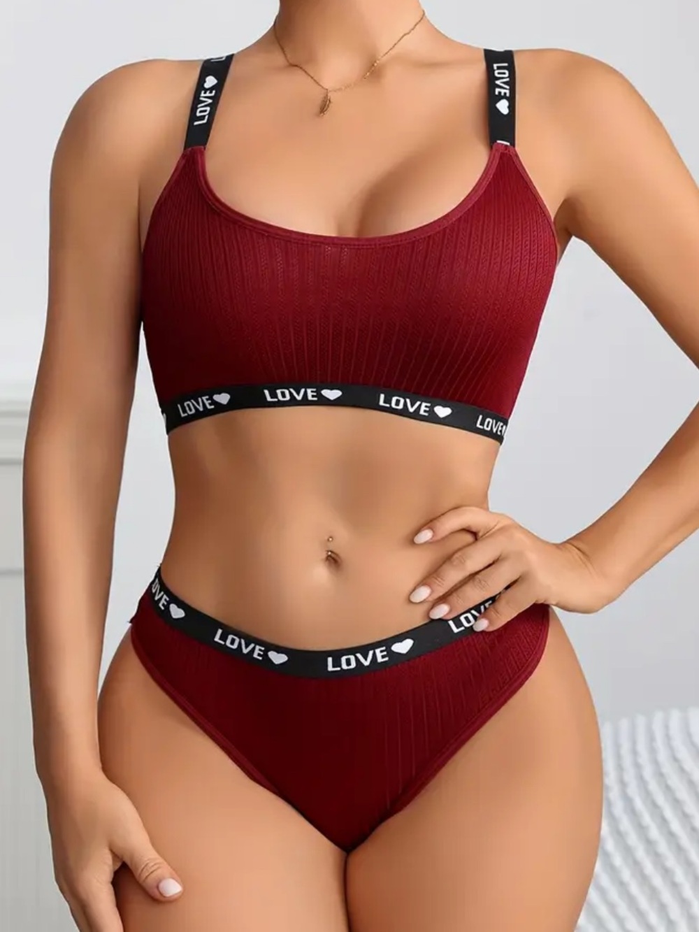 Deep Red, Sporty, Love Graphic, Lingerie Set - Picture 3 of 7